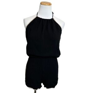 Lulus Womens Size Small Black Halter Neck Romper Playsuit Crochet Trim Boho